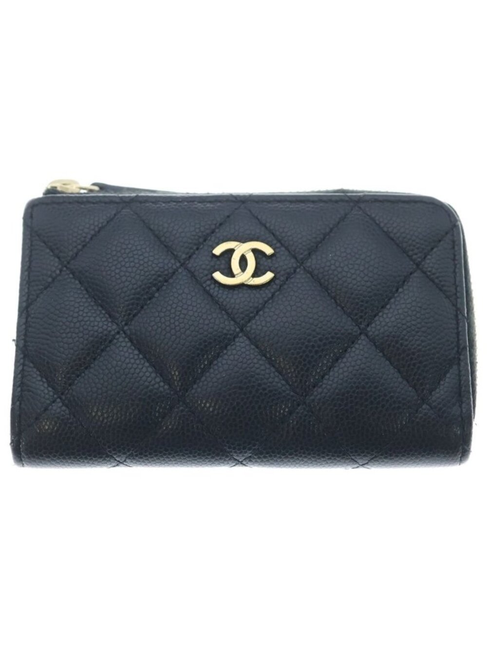 Chanel CC Logo Quilted Coin Purse Caviar Leather Black Gold Seal Card